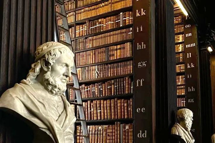 Legal English training set: a historic library with a bust of Plato and tall bookshelves